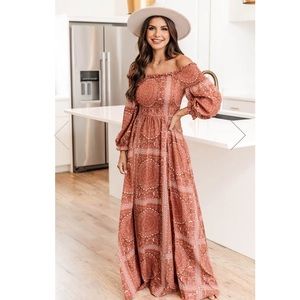 Pink Lily SOUNDS IN MY MIND SMOCKED OFF THE SHOULDER MAXI